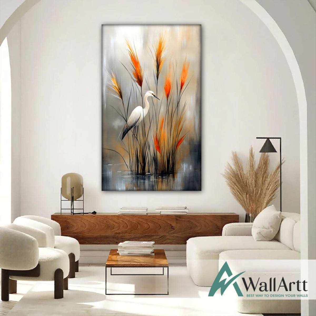 Stork and Orange BushesTextured Partial Oil Painting - Wall Art